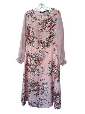 BloomChic Pink Floral Midi Dress Stretch Waist Sheer Sleeve Cottagecore Pockets